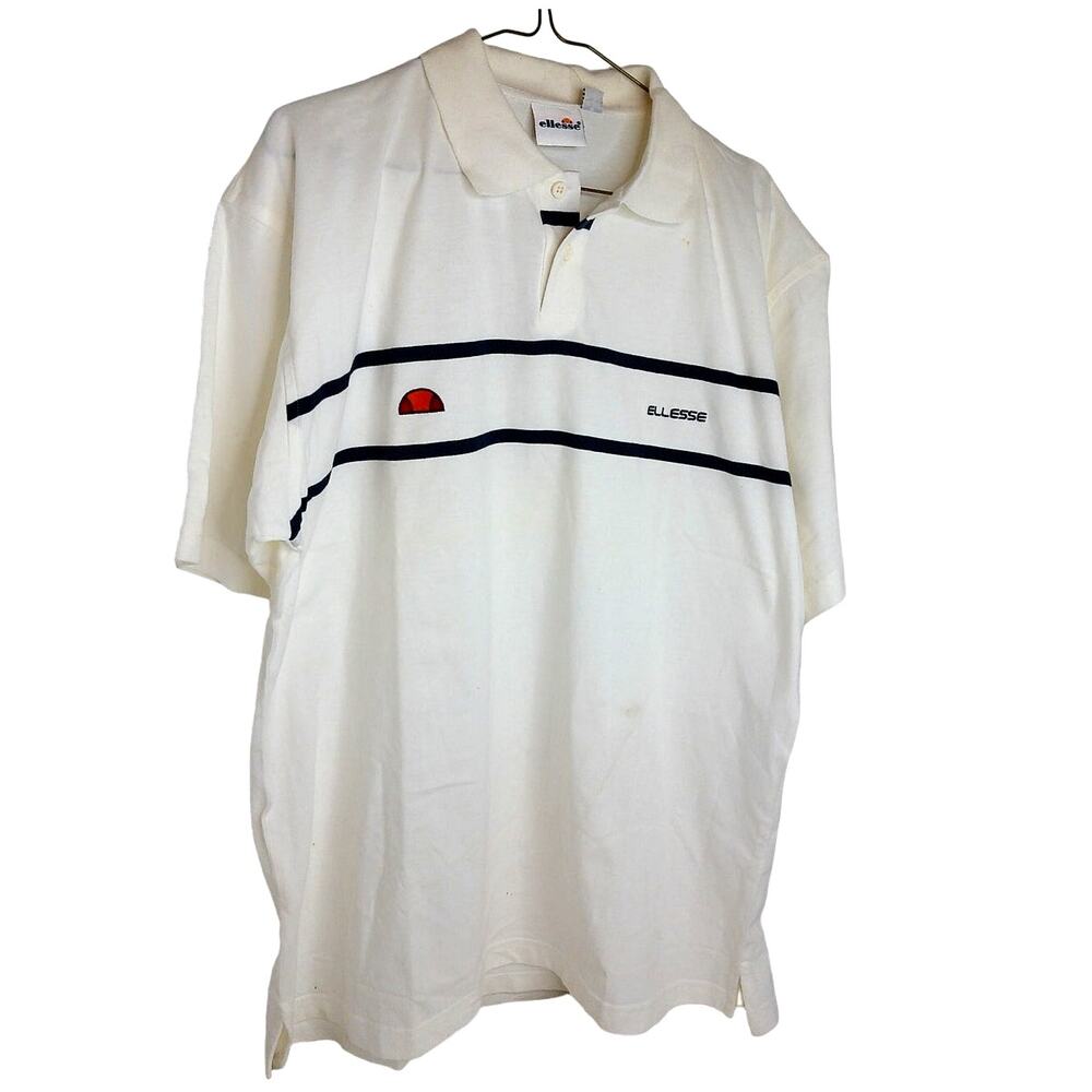 Ellesse Casella White Polo Shirt Short Sleeve Striped Retro Sportswear XL READ